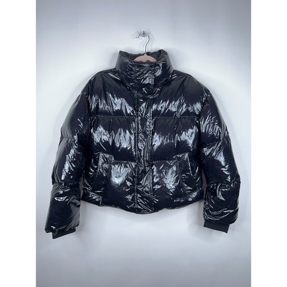Year Of Ours Shiny Black Puffer Jacket Cropped Quilted Zip Snap Front Small - Picture 1 of 16